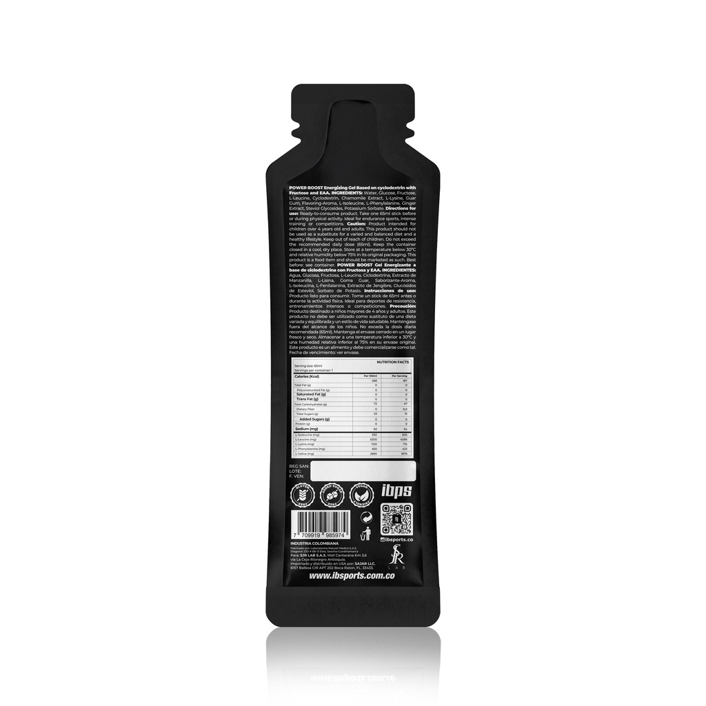 POWER BOOST IBSPORTS GEL EAA AMINOACIDOS ESENCIALES x 65 ML SABOR LIMON