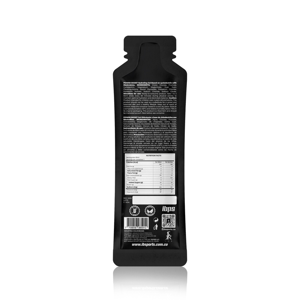 POWER BOOST IBSPORTS GEL ELECTROLITOS x 65 ML SABOR RASBERRY